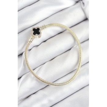 Pirinç Charm Zirkon Taşlı Yonca Model Gold Renk Kadın Bileklik 5886