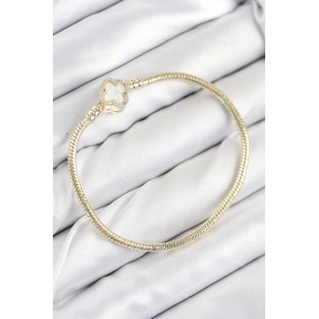 Pirinç Charm Zirkon Taşlı Yonca Model Gold Renk Kadın Bileklik 5886