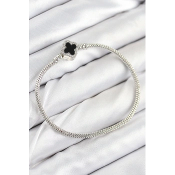 Pirinç Charm Zirkon Taşlı Yonca Model Gümüş Renk Kadın Bileklik 5886