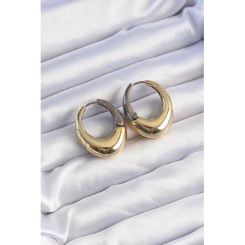 Pirinç Gold Gümüş Renkli Oval Bombeli Küpe 5886
