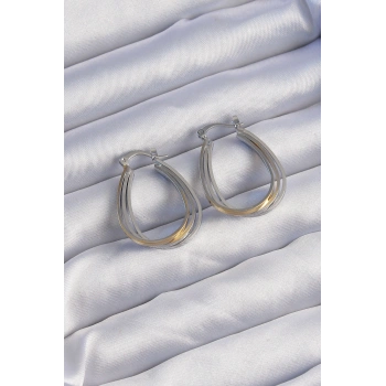 Pirinç Gold Gümüş Renkli Oval Çoklu Görünümlü Küpe 5886