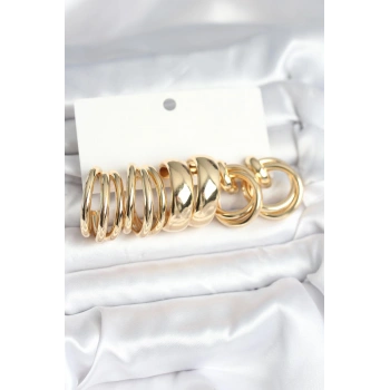 Pirinç Gold Renk 3 Çift Vintage Kadın Küpe Seti 5886