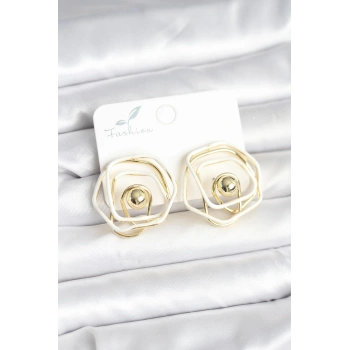 Pirinç Gold Renk Beyaz Mineli Geometrik Gül Model Kadın Küpe 5886
