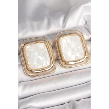 Pirinç Gold Renk Beyaz Mineli Kare Model Kadın Küpe 5886