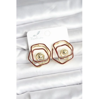 Pirinç Gold Renk Bordo Mineli Geometrik Gül Model Kadın Küpe 5886