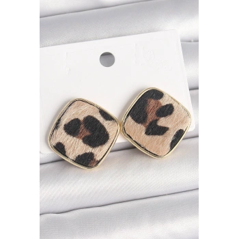 Pirinç Gold Renk Kare Leopar Model Kadın Küpe 5886