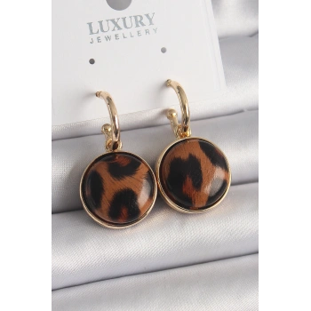 Pirinç Gold Renk Leopar Desenli Daire Model Kadın Küpe 5886