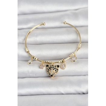 Pirinç Gold Renk Leopar Detaylı Charmlı Kadın Bileklik 5886