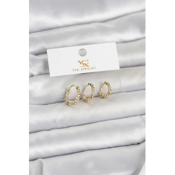 Pirinç Gold Renk Nazarlı Model 3lü Kadın Küpe 5886