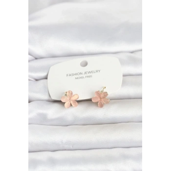 Pirinç Gold Renk Pembe Çiçek Model Çocuk Küpe 5886