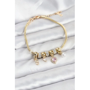Pirinç Gold Renk Pembe Kalp Charmlı Kadın Bileklik 5886