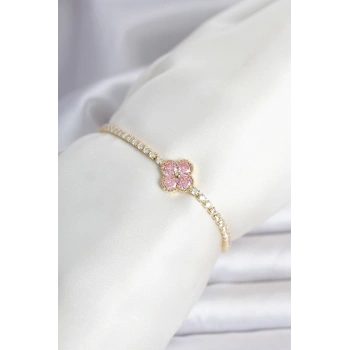 Pirinç Gold Renk Pembe Zirkon Taşlı Yonca Model Su Yolu Kadın Bileklik 5886