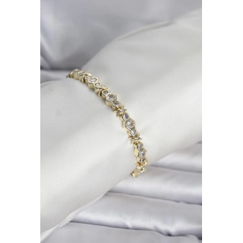 Pirinç Gold Renk Petek Model Zirkon Taşlı Kadın Bileklik 5886