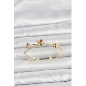 Pirinç Gold Renk Renkli Çiçek Model Kadın Bileklik 5886