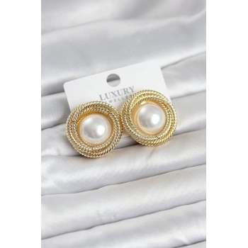 Pirinç Gold Renk Sarmal Model İncili Kadın Küpe 5886