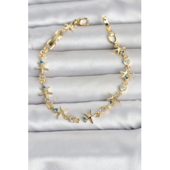 Pirinç Gold Renk Sıralı Deniz Yıldızı Model Kadın Bileklik 5886