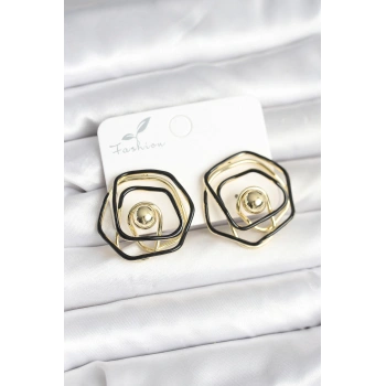 Pirinç Gold Renk Siyah Mineli Geometrik Gül Model Kadın Küpe 5886