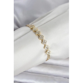 Pirinç Gold Renk Yonca Model Zirkon Taşlı Kadın Bileklik 5886
