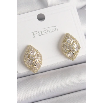 Pirinç Gold Renk Zirkon Taş İşlemeli Damla Model Kadın Küpe 5886