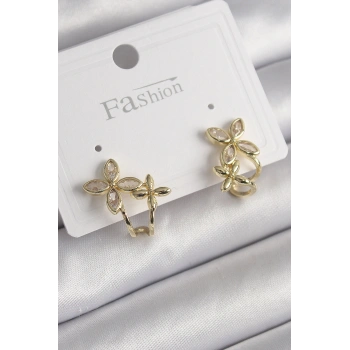 Pirinç Gold Renk Zirkon Taşlı 2Li Çiçek Model Kadın Küpe 5886
