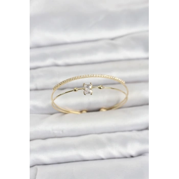 Pirinç Gold Renk Zirkon Taşlı Baget Model Kadın Bileklik 5886