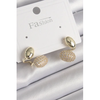 Pirinç Gold Renk Zirkon Taşlı Bombeli Model Kadın Küpe 5886