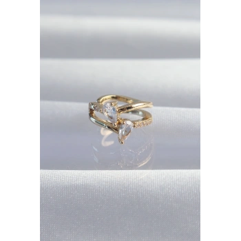 Pirinç Gold Renk Zirkon Taşlı Damla Earcuff Küpe 5886