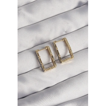 Pirinç Gold Renk Zirkon Taşlı Dikdörtgen Model Seranay Küpe 5886