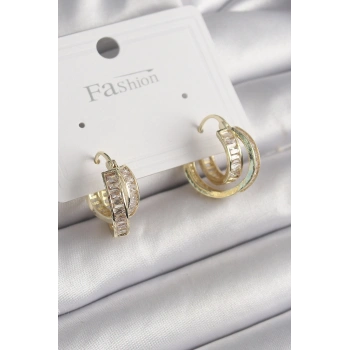 Pirinç Gold Renk Zirkon Taşlı Halka Model Kadın Küpe 5886