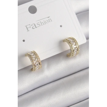 Pirinç Gold Renk Zirkon Taşlı Halka Model Kadın Küpe 5886
