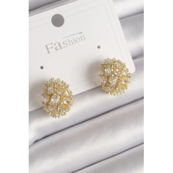 Pirinç Gold Renk Zirkon Taşlı Kadın Küpe 5886