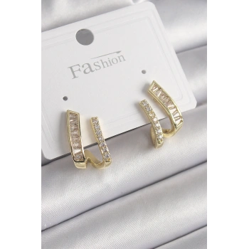 Pirinç Gold Renk Zirkon Taşlı Kadın Küpe 5886