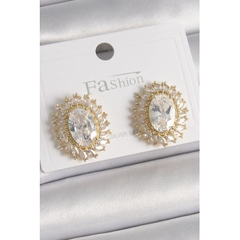 Pirinç Gold Renk Zirkon Taşlı Kadın Küpe 5886