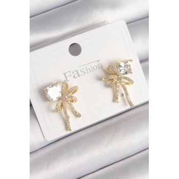 Pirinç Gold Renk Zirkon Taşlı Kurdele Model Kadın Küpe 5886