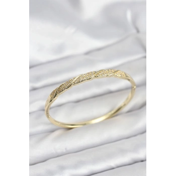Pirinç Gold Renk Zirkon Taşlı Model Kadın Kelepçe Bileklik 5886