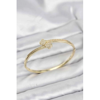 Pirinç Gold Renk Zirkon Taşlı Yonca Model Kadın Kelepçe Bileklik 5886