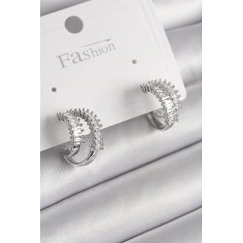 Pirinç Gümüş Renk 2Li Zirkon Taşlı Halka Model Kadın Küpe 5886