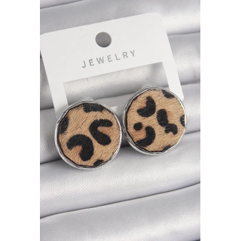 Pirinç Gümüş Renk Daire Plaka Model Leopar Desenli Kadın Küpe 5886