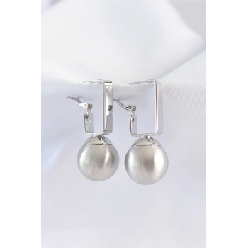 Pirinç Gümüş Renk Dikdörtgen Detay Oval Küpe 5886