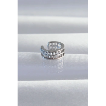 Pirinç Gümüş Renk İncili Baget Taşlı Earcuff Küpe 5886