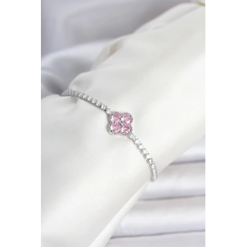 Pirinç Gümüş Renk Pembe Zirkon Taşlı Yonca Model Su Yolu Kadın Bileklik 5886
