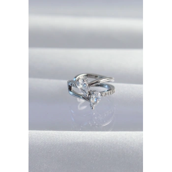 Pirinç Gümüş Renk Zirkon Taşlı Damla Earcuff Küpe 5886