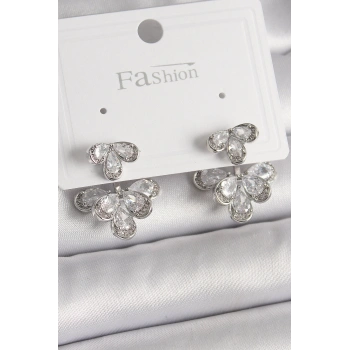 Pirinç Gümüş Renk Zirkon Taşlı Damla Model Kadın Küpe 5886