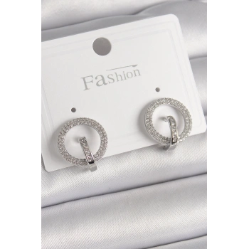 Pirinç Gümüş Renk Zirkon Taşlı Halka Model Kadın Küpe 5886