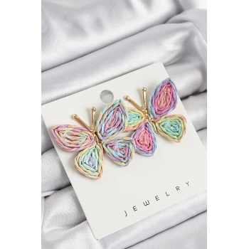 Pirinç Rainbow Kelebek Model Gold Renk Kadın Hasır Küpe 5886