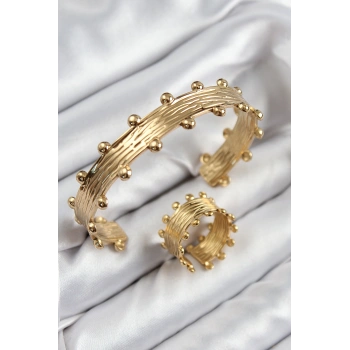 Pirinç Topcuk Model Gold Renk Bileklik Yüzük Set 5886