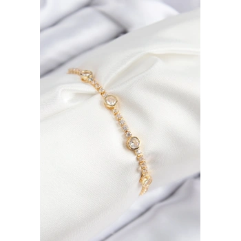 Pirinç Zirkon Taşlı Daire Model Gold Renk Asansörlü Kadın Bileklik 5886