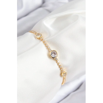 Pirinç Zirkon Taşlı Daire Model Gold Renk Asansörlü Kadın Bileklik 5886