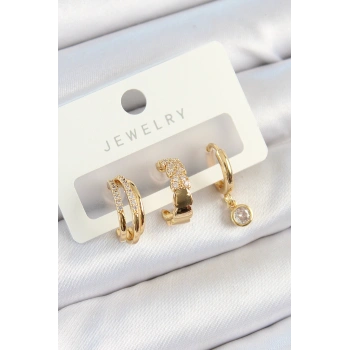 Pirinç Zirkon Taşlı Halka Model Gold Renk 3lü Çift Kadın Küpe Set 5886