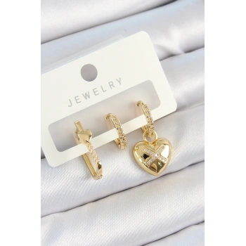 Pirinç Zirkon Taşlı Kalp Model Gold Renk 3lü Çift Kadın Küpe Set 5886